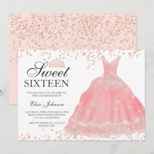 Roos gouden glitter blush tiara jurk Sweet 16 Kaart (Voorkant / Achterkant)