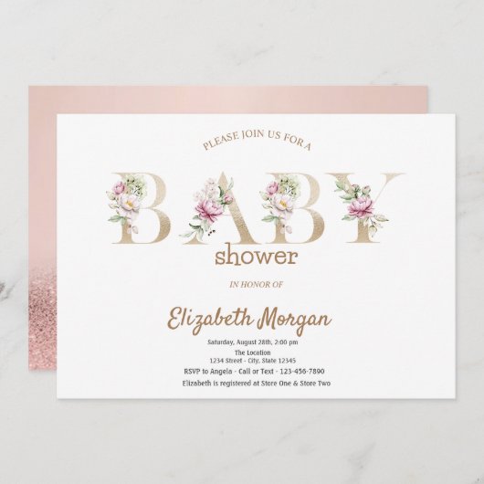 Roos Gouden Glitter Bokeh Bloemen Baby shower Kaart (Voorkant / Achterkant)