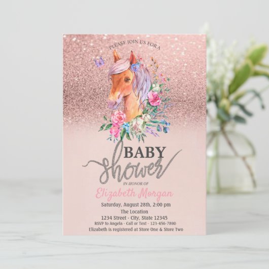 Roos Gouden Glitter Bokeh Bloemen Pony Baby shower Kaart (Staand voorkant)