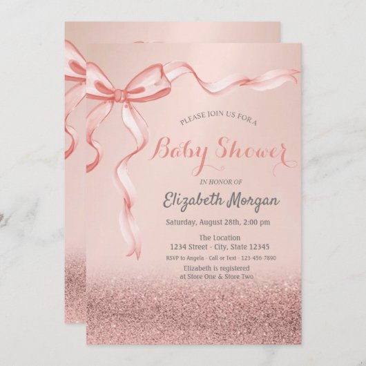 Roos Gouden Glitter Bokeh, Bow Lint Baby shower Kaart (Voorkant / Achterkant)