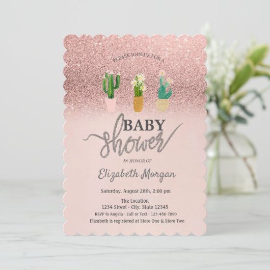 Roos Gouden Glitter Bokeh, Cactus Planten Baby sho Kaart (Staand voorkant)