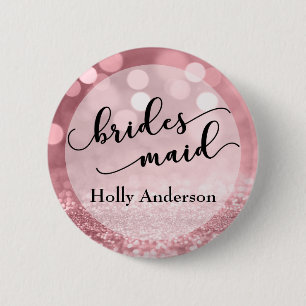 Roos Gouden Glitter Bokeh & Typografie Bruidsmeisj Ronde Button 5,7 Cm