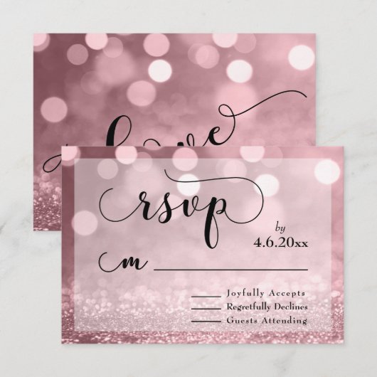 Roos Gouden Glitter Bokeh & Typografie RSVP (Voorkant / Achterkant)