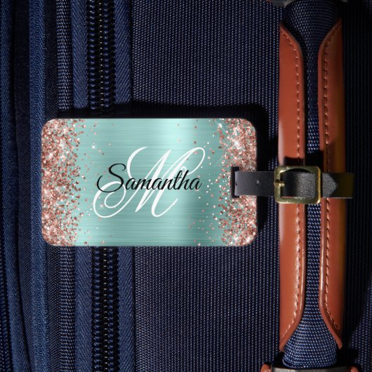 Roos Gouden Glitter Bord Turquoise Fancy Monogram Bagagelabel (Voorkant Insitu 4)