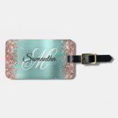 Roos Gouden Glitter Bord Turquoise Fancy Monogram Bagagelabel (Voorkant horizontaal)