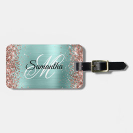 Roos Gouden Glitter Bord Turquoise Fancy Monogram Bagagelabel