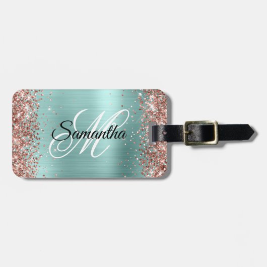 Roos Gouden Glitter Bord Turquoise Fancy Monogram Bagagelabel (Voorkant horizontaal)