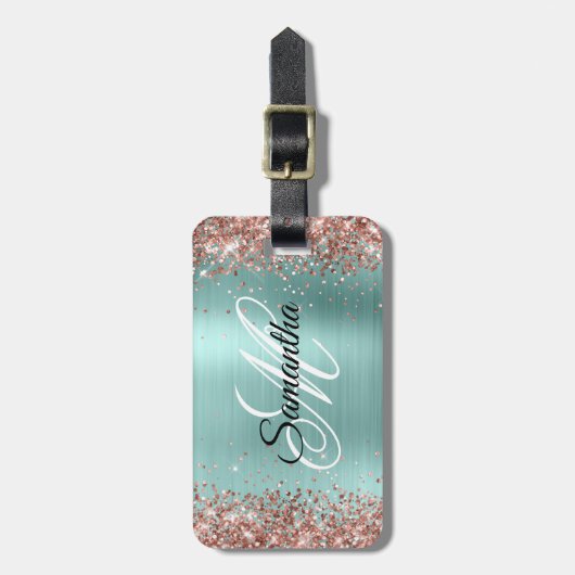 Roos Gouden Glitter Bord Turquoise Fancy Monogram Bagagelabel (Voorkant verticaal)