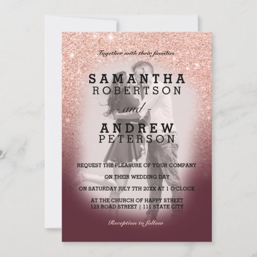 Roos gouden glitter bordeaux ombre foto bruiloft kaart (Voorkant)