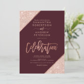 Roos gouden glitter bordeaux viering bruiloft kaart (Staand voorkant)