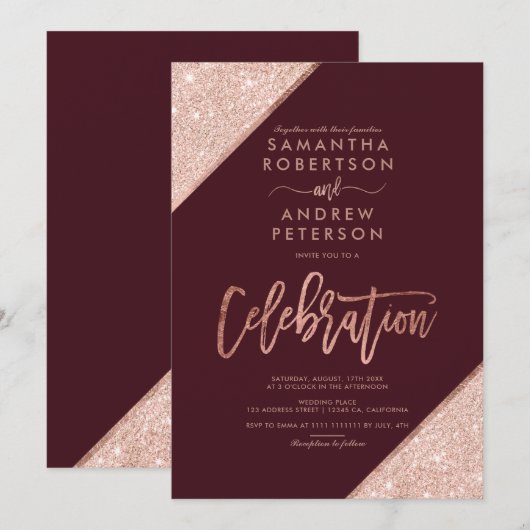 Roos gouden glitter bordeaux viering bruiloft kaart (Voorkant / Achterkant)