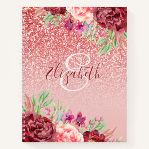 Roos Gouden Glitter Bourgogne Bloemen Gepersonalis Notitieboek