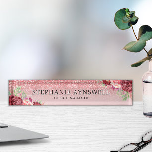 Roos Gouden Glitter Bourgondië Blush Bloemen Naambordje