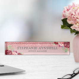 Roos Gouden Glitter Bourgondië Blush Bloemen Naambordje