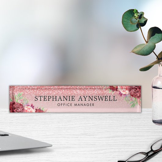 Roos Gouden Glitter Bourgondië Blush Bloemen Naambordje