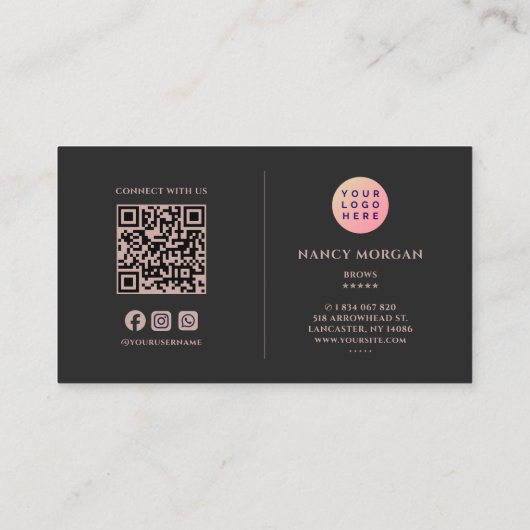 Roos Gouden Glitter Brows QR Code & Logo Visitekaartje (Achterkant)