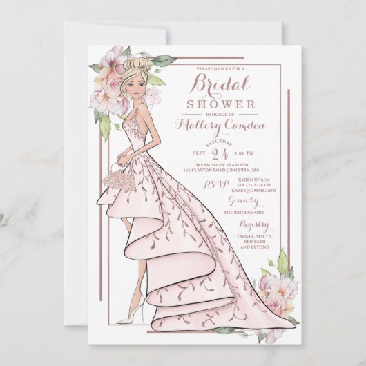 Roos Gouden Glitter Bruid Bruidsdouche Uitnodiging (Voorkant)