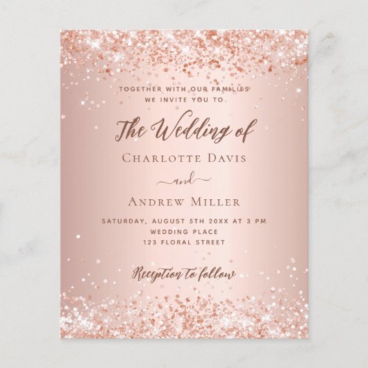 Roos gouden glitter budget bruiloft uitnodiging (Voorkant)