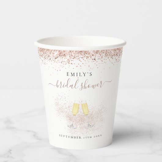 Roos Gouden Glitter Champagne Naam Vrijgezellenfee Papieren Bekers (Voorkant)