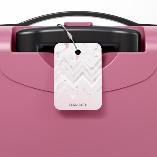 Roos Gouden Glitter Chevron Roze Marmeren Monogram Bagagelabel