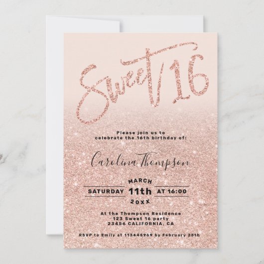 Roos gouden glitter chic script blush Sweet 16 fot Kaart (Voorkant)