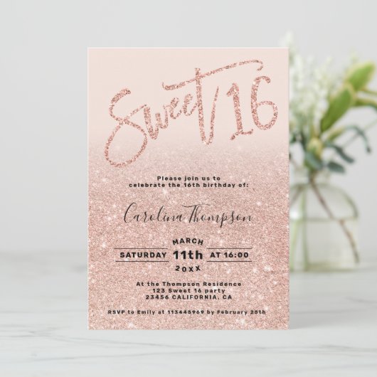 Roos gouden glitter chic script blush Sweet 16 fot Kaart (Staand voorkant)