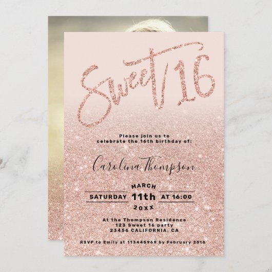 Roos gouden glitter chic script blush Sweet 16 fot Kaart (Voorkant / Achterkant)