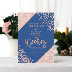 Roos gouden glitter confetti chic blauw bruiloft kaart