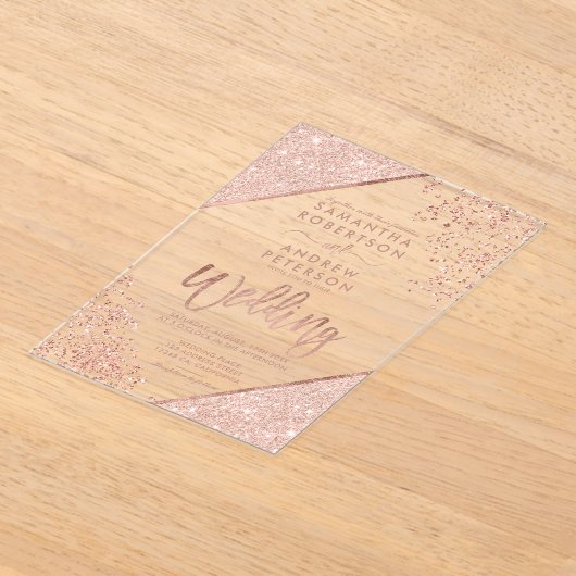 Roos gouden glitter confetti Chic duidelijke bruil Acryl Uitnodigingen (Laagn)