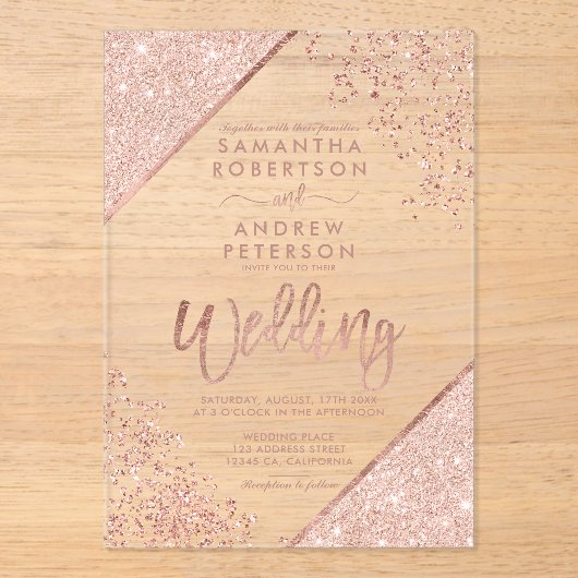 Roos gouden glitter confetti Chic duidelijke bruil Acryl Uitnodigingen (Voorkant)