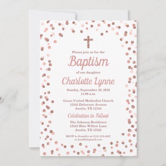 Roos Gouden Glitter Confetti Doop Uitnodiging (Voorkant)