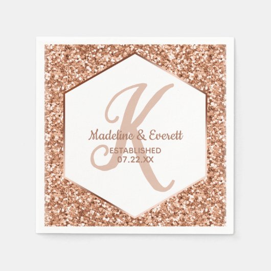 Roos Gouden Glitter Confetti Glam Monogram Bruilof Servet (Voorkant)