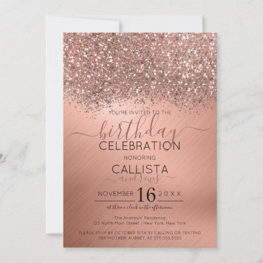 Roos Gouden Glitter Confetti Metallic Verjaardag Kaart (Voorkant)