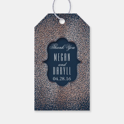 Roos Gouden Glitter Confetti  Navy Bruiloft Cadeaulabel (Voorkant)