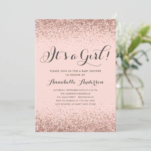 Roos Gouden Glitter Confetti Roze Meisje Baby show Kaart (Staand voorkant)