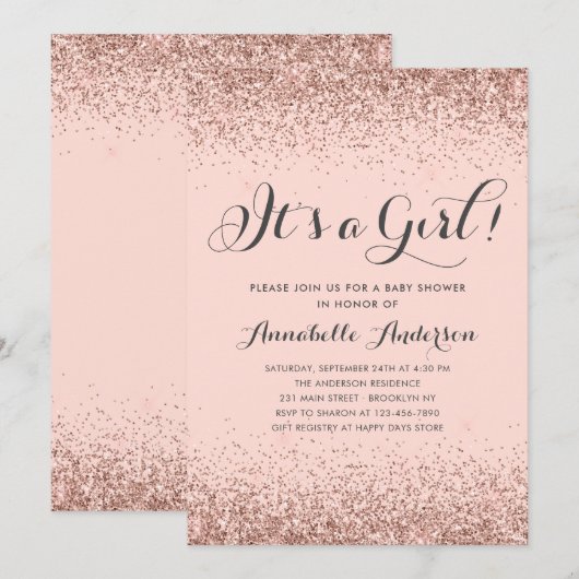 Roos Gouden Glitter Confetti Roze Meisje Baby show Kaart (Voorkant / Achterkant)