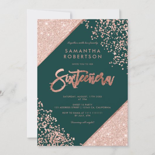 Roos gouden glitter confetti smaragdgroen Sweet 16 Kaart (Voorkant)