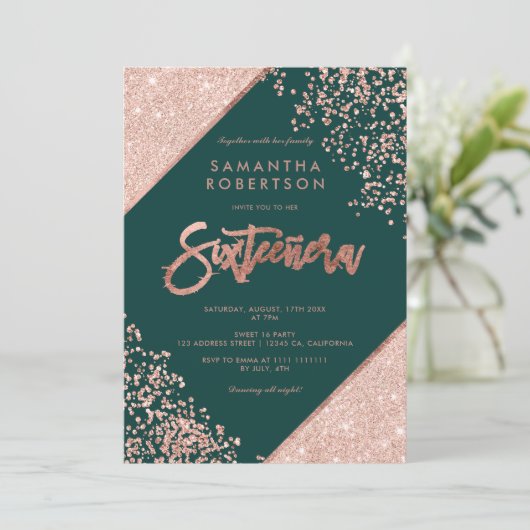 Roos gouden glitter confetti smaragdgroen Sweet 16 Kaart (Staand voorkant)