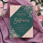 Roos gouden glitter confetti smaragdgroen Sweet 16 Kaart<br><div class="desc">Roos Gold glitter confetti en kleurblok typografie op aanpasbare smaragdgroen en faux roos gouden geometrische strepen chic Sweet 16 verjaardagsfeestje uitnodigen,  ideaal voor elegante,  luxe Sixteeñera, </div>