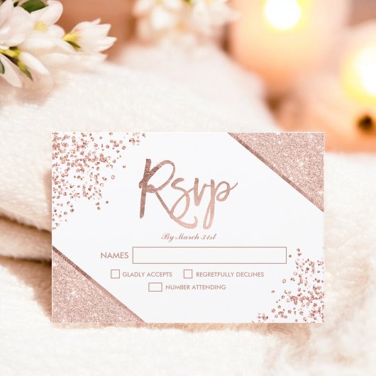 Roos Gouden Glitter confetti Witte RSVP bruiloft Kaartje
