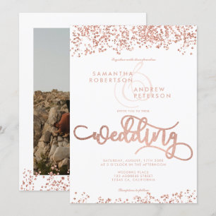 Roos gouden glitter confetti witte trouwfoto kaart