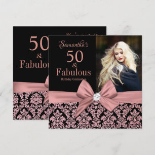 Roos gouden glitter damask 50ste verjaardag uitnod kaart
