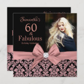 Roos gouden glitter damask 60e verjaardag uitnodig kaart (Voorkant / Achterkant)