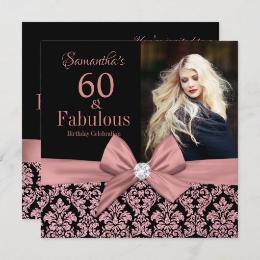 Roos gouden glitter damask 60e verjaardag uitnodig kaart (Voorkant / Achterkant)