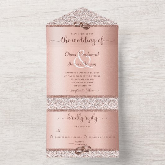 Roos Gouden Glitter Damask Elegant Wedding All In One Uitnodiging (Binnen)