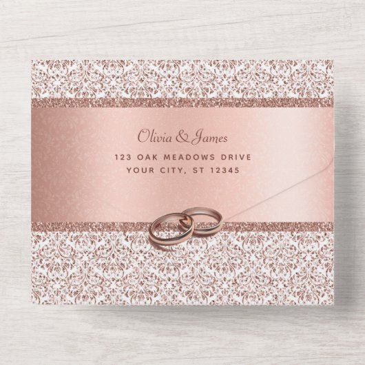Roos Gouden Glitter Damask Elegant Wedding All In One Uitnodiging (Achterkant)