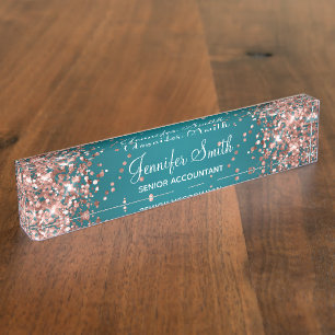 Roos Gouden Glitter Donker Turquoise Gradient Naambordje