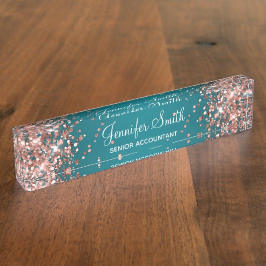 Roos Gouden Glitter Donker Turquoise Gradient Naambordje (Zijkant)