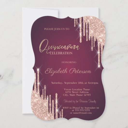 Roos Gouden Glitter Drips Bourgogne Quinceanera Kaart (Voorkant)