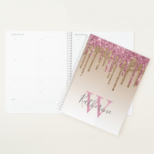 Roos Gouden Glitter Drips Ombre Monogram 2024 Planner (Display)